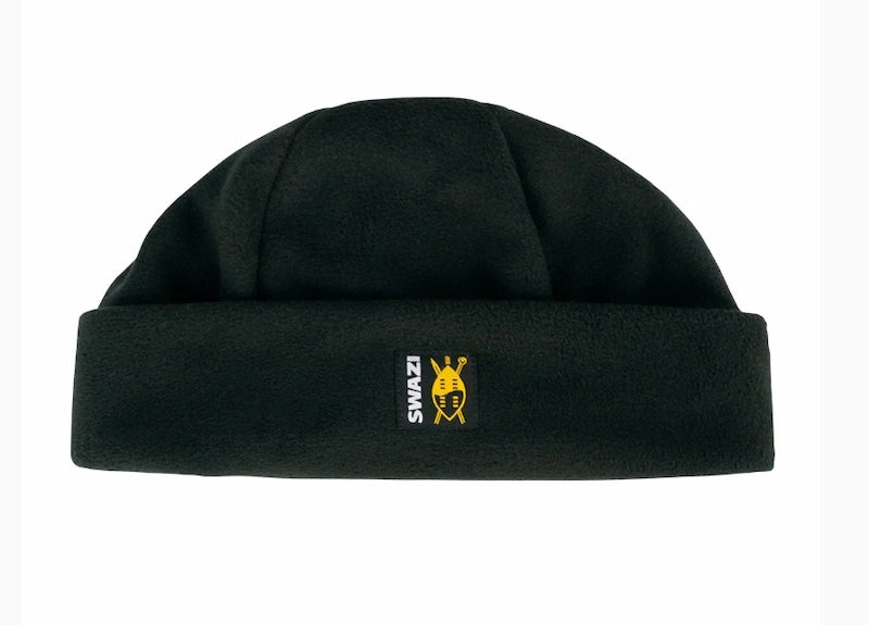 Black beanie with a logo on a white background