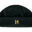 Black beanie with a logo on a white background