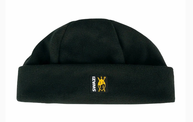 Black beanie with a logo on a white background