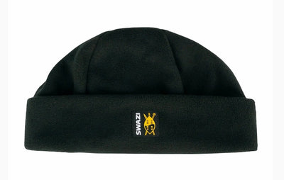 Black beanie with a logo on a white background
