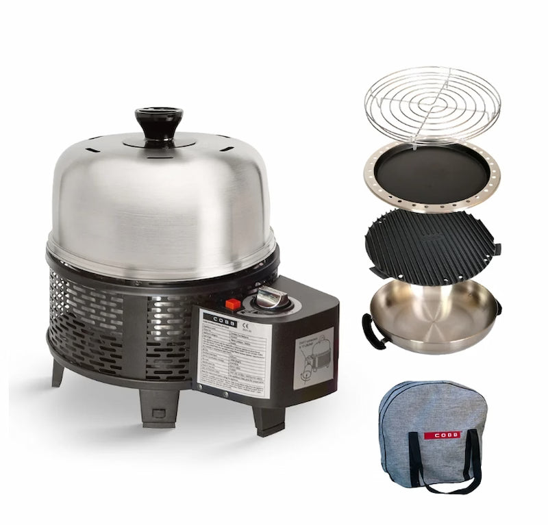 Portable grill with detachable parts and carrying case on a white background