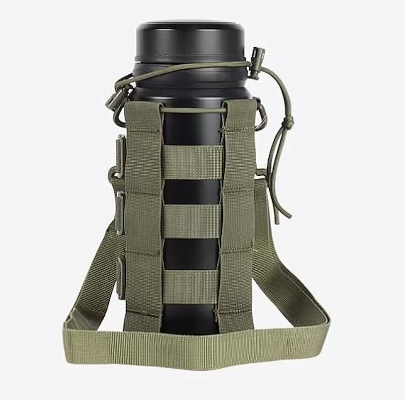 Black water bottle with green tactical holder on a white background