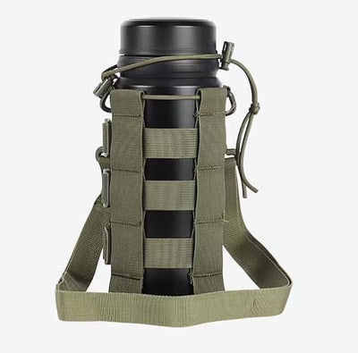 Black water bottle with green tactical holder on a white background