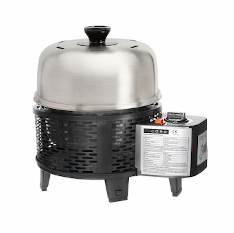 Portable grill with a metallic dome cover on a white background