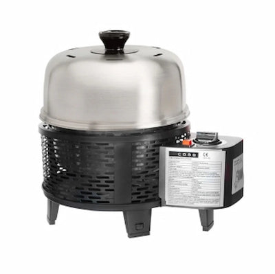 Portable grill with a metallic dome cover on a white background