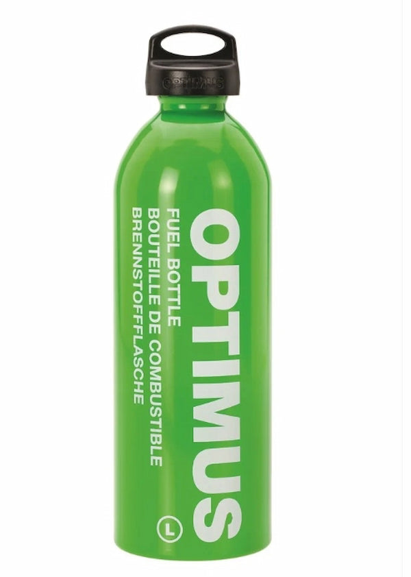 Green Optimus fuel bottle with black cap on a white background