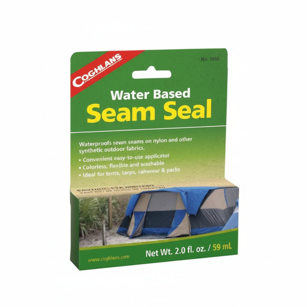 Coghlan's water-based seam seal packaging with a tent image on a white background