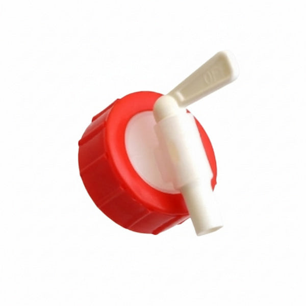 A plastic dispenser cap with a red ribbed outer ring and a white inner valve body, featuring a white plastic lever handle.