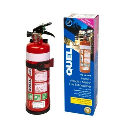 Red fire extinguisher with blue QUELL packaging on a white background