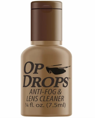 OP DROPS anti-fog and lens cleaner bottle on a white background