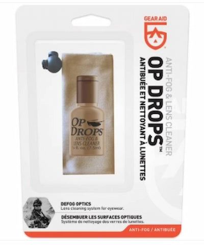 Packaging of OP DROPS anti-fog and lens cleaner with Gear Aid logo.