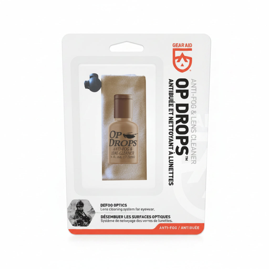 OP Drops anti-fog and lens cleaner packaging on a white background