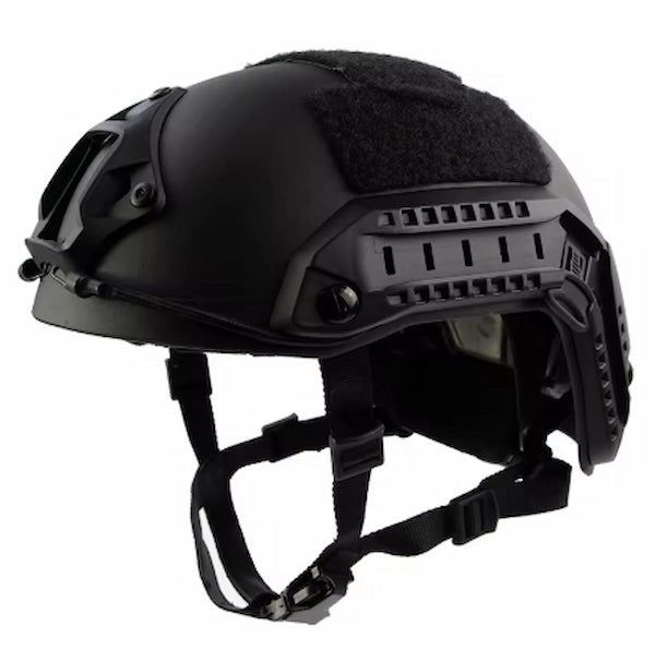 Black tactical helmet with a white background