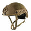 Tan tactical helmet with chin strap on a white background