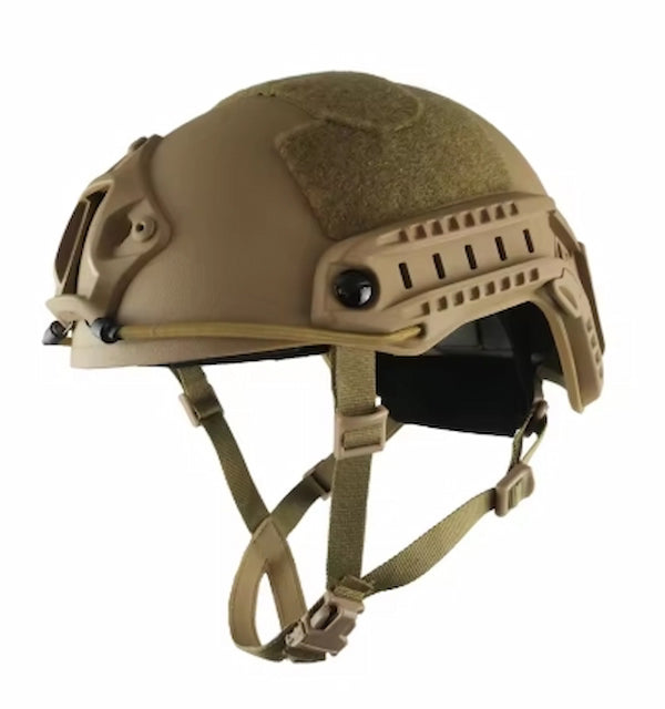 Tan tactical helmet with chin strap on a white background