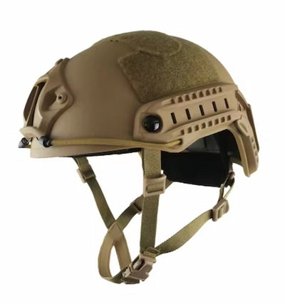 Tan tactical helmet with chin strap on a white background