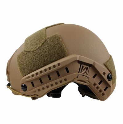 Tan tactical helmet with a green patch on a white background