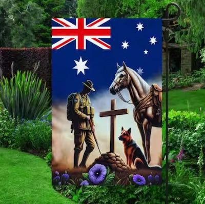 Decorative flag with Australian flag, soldier, horse, and dog in a garden setting