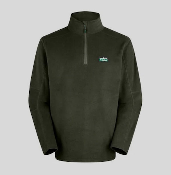 Dark green fleece pullover with a logo on a light gray background