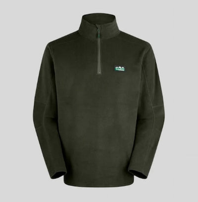 Dark green fleece pullover with a logo on a light gray background
