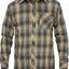 Plaid shirt with visible brand logos on a white background