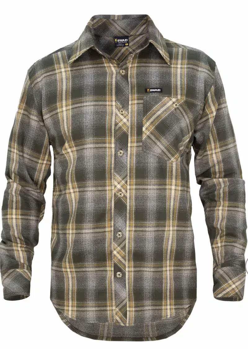 Plaid shirt with visible brand logos on a white background