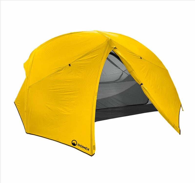Yellow tent with a visible brand logo on a white background
