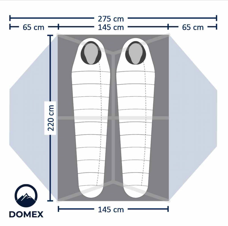 Measurement chart of a sleeping bag with dimensions labeled, featuring the DOMEX brand logo.
