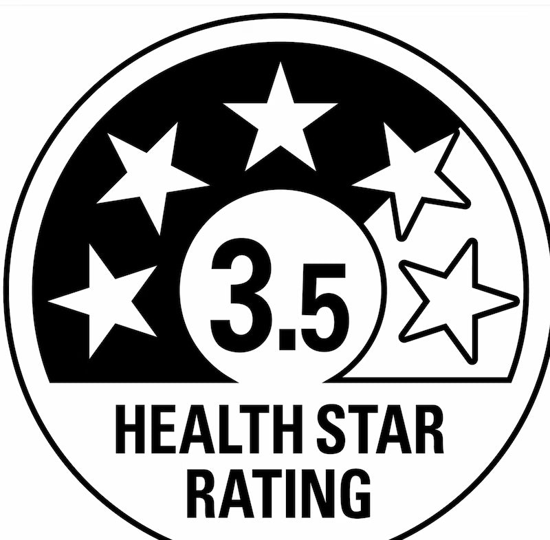 Health star rating system with 3.5 stars on a black background