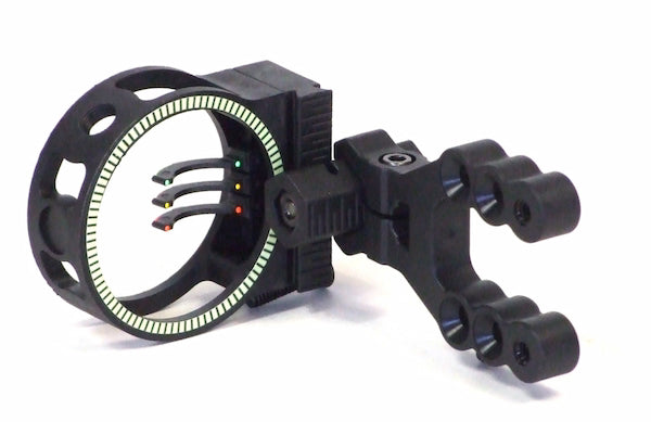 Black archery sight with multiple pins on a white background
