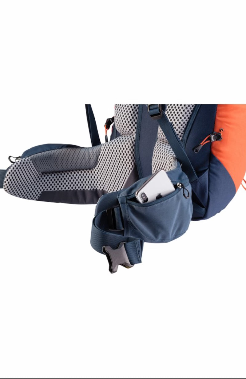 Close-up of a blue and gray backpack with a white pouch on a white background