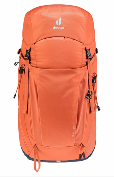 Orange backpack with Deuter logo on a white background