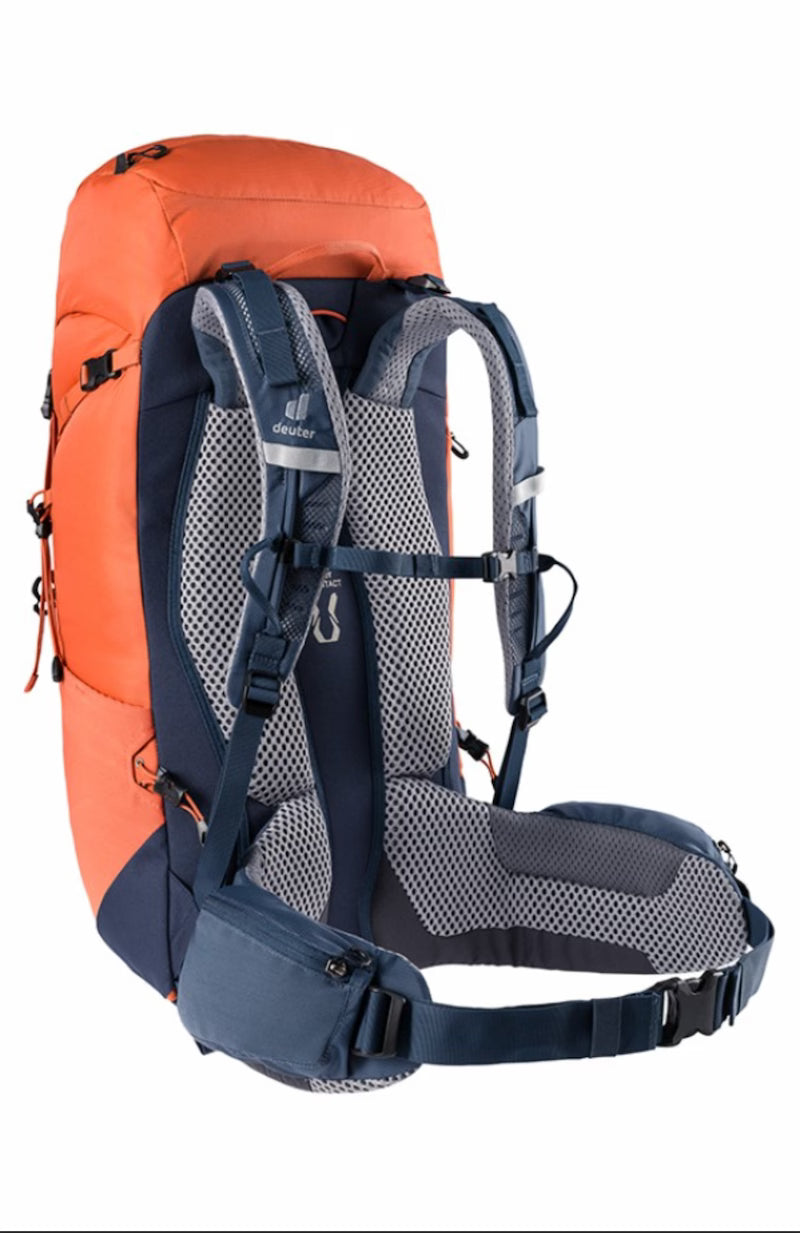 Orange and blue hiking backpack on a white background