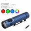 Blue flashlight with color options and lumens information on a white background