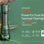 Green tactical flashlight with branding and specifications on a green background
