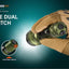 Hand wearing a tactical glove holding a flashlight with 'Intuitive Dual Tail Switch' text and product name.