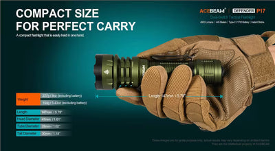 Acebeam Defender P17 flashlight held in a gloved hand with product details on a blue background