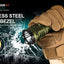 Hand holding a flashlight with a glove, featuring Acebeam branding and product details.
