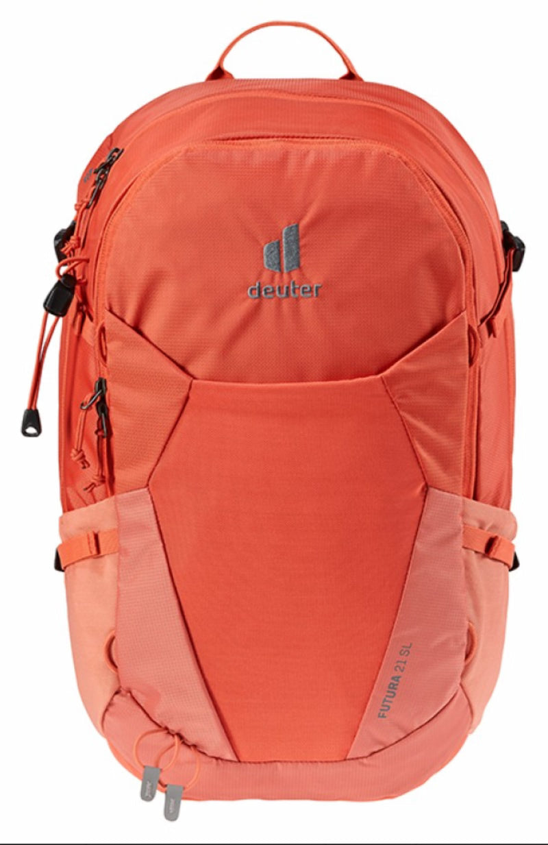 Orange backpack with Deuter logo on a white background