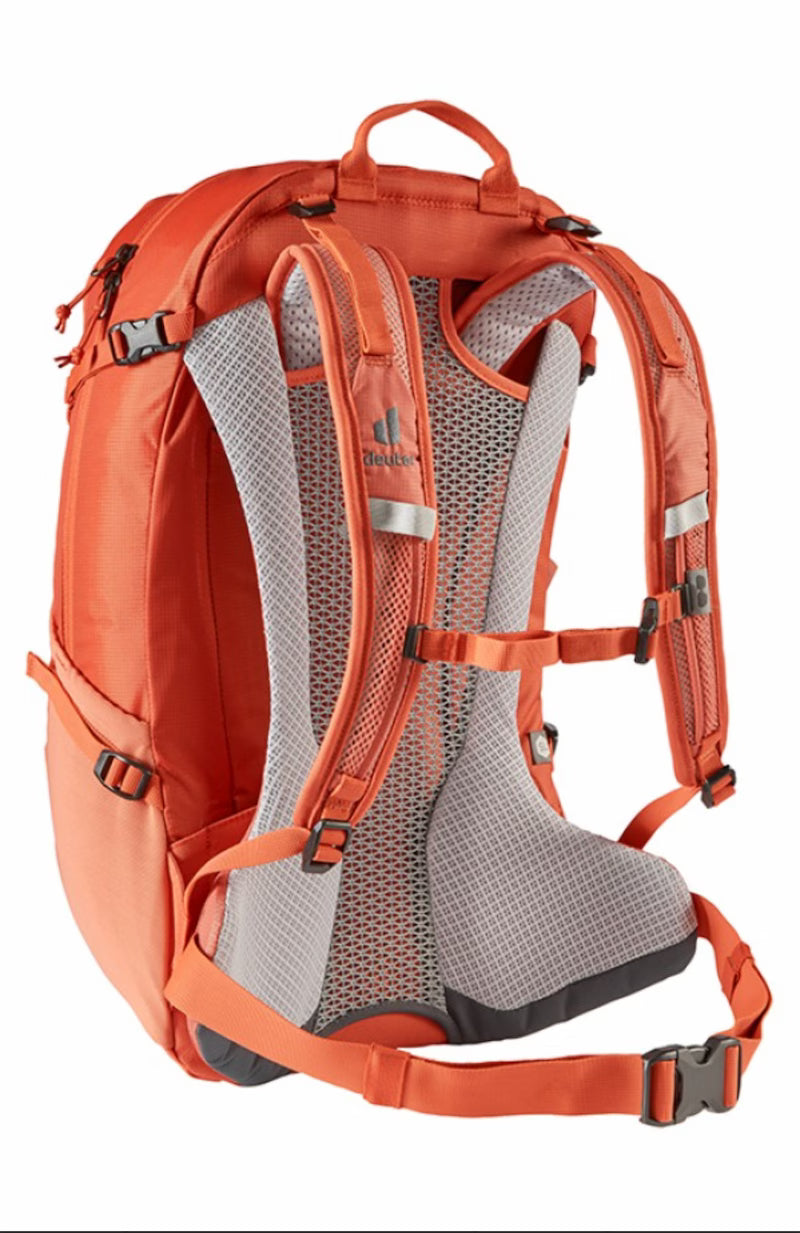 Orange backpack with a gray back panel on a white background