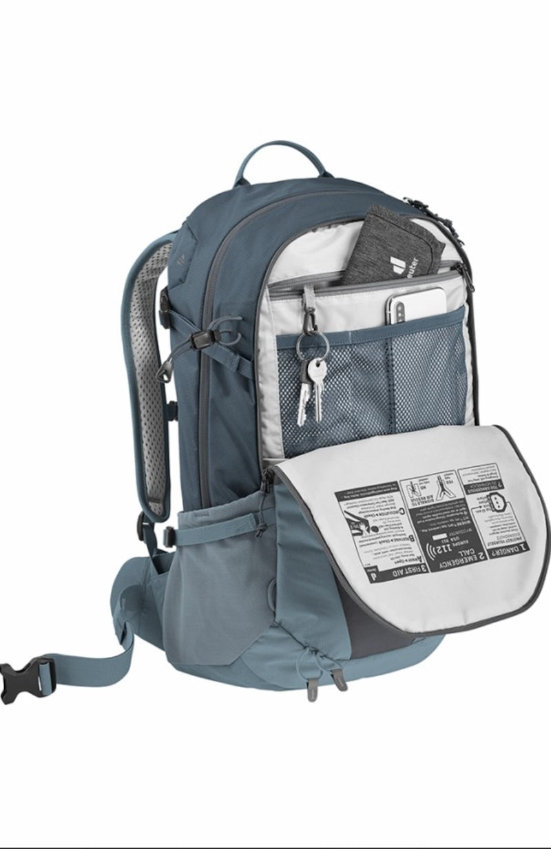 Blue backpack with open front pocket on a white background