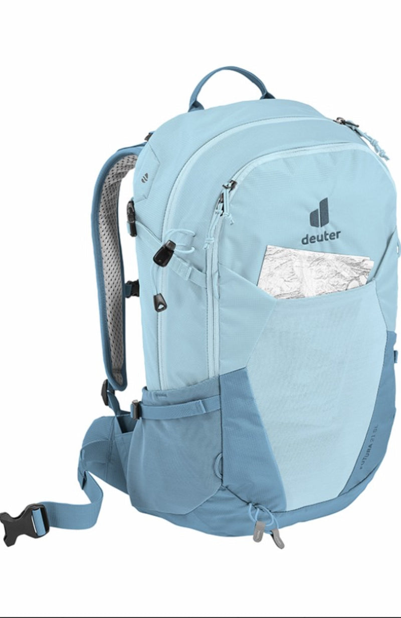 Light blue backpack with visible brand logo on a white background