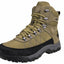 Khaki hiking boot with black sole on a white background