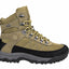 Tan hiking boot with black sole on a white background