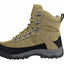 Tan hiking boot with black sole on a white background