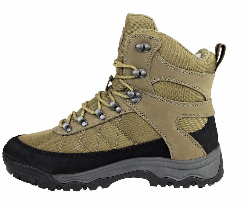 Tan hiking boot with black sole on a white background