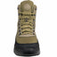 Green hiking boot with black sole on a white background