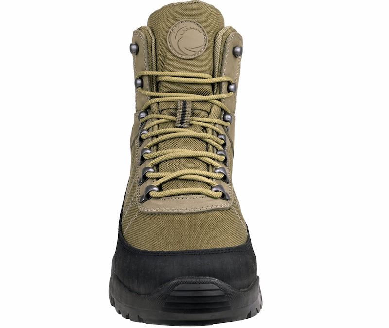 Green hiking boot with black sole on a white background
