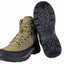 Khaki hiking boot with black sole on a white background