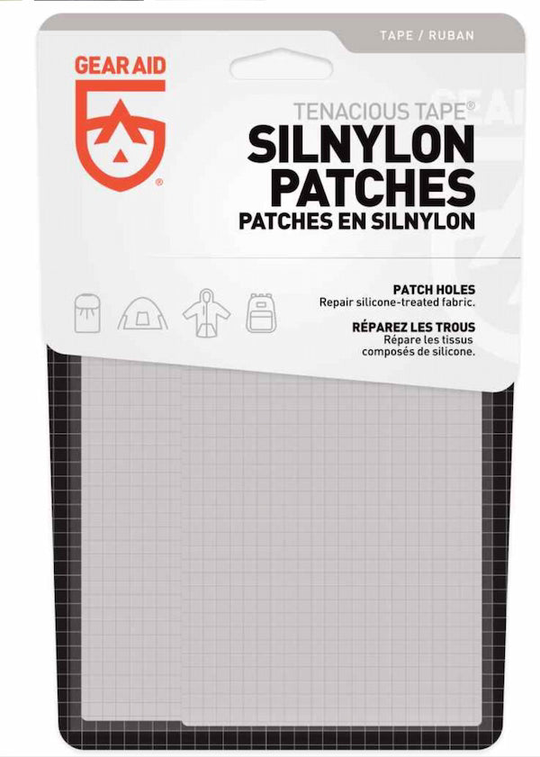 Packaging of Gear Aid Silnylon patches with a white background